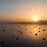 A drone view of vessles anchored in the Strait of Hormuz as seen from Musandam, Oman